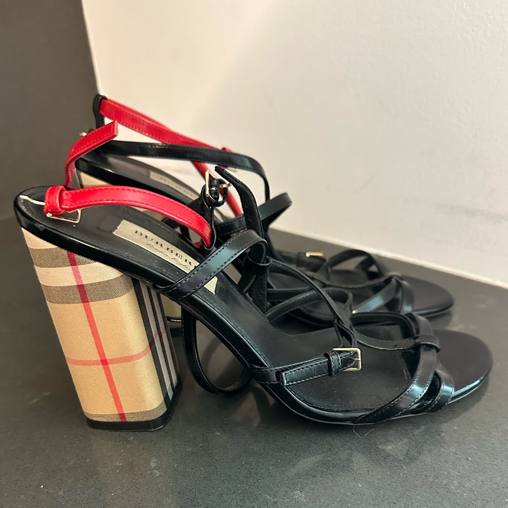 Burberry Black & Red Plaid Block Heel Sandals